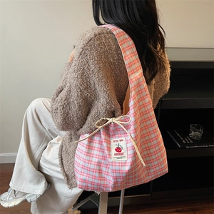 Pink plaid canvas tote bag for women with cherry pattern and adjustable drawstring closure