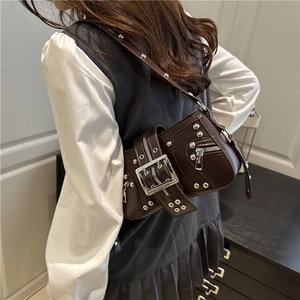 Vintage punk dark brown underarm bag with silver studs and buckles for a Y2K rocker style