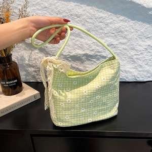 Sac à Épaule en Toile Florale pour Femmes Sac Sous les Bras Gingham avec Nœud en Dentelle Motif Marguerite Brodé à la Main