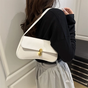 White faux crocodile leather underarm bag with a vintage gold oval buckle for women
