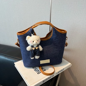 Women Denim Crossbody Bucket Bag Vintage PU Leather Patchwork Handbag With Bear Charm Navy Blue Casual Tote Commuter Bag