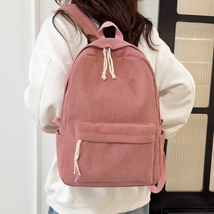 Pink striped corduroy backpack for women with large capacity and casual style