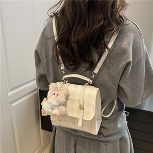 Vintage beige plaid backpack with cute bunny pendant and polished buckle for women