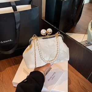 Women New Chinese Style Jacquard Evening Clutch Bag With Artificial Pearl Handle Metal Chain Shoulder Crossbody Bag For Wedding Party