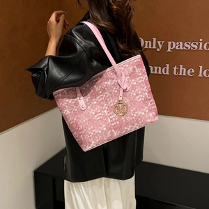 Pink mosaic checkered tote bag for women with leather straps and metal M logo