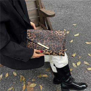 Fashionable leopard print envelope crossbody bag with gold metal trim for women
