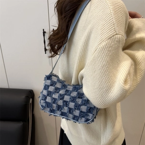 Chic blue and white gradient star denim crossbody bag with fringe details and chain strap