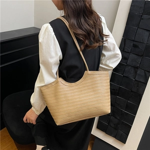 Minimalist woven tote bag in light khaki, stylish large capacity shoulder bag for women