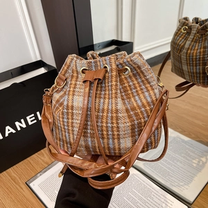 Borsa a Secchiello in Lana a Quadri Vintage per Donna Borsa a Tracolla Retrò con Coulisse e Tracolla in Pelle PU Borsa alla Moda