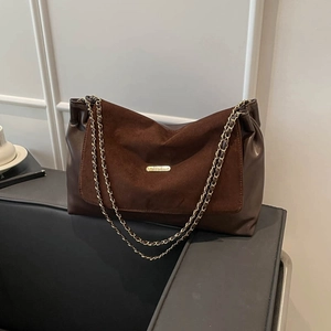 Vintage Women Shoulder Bag PU Suede Patchwork Large Capacity Tote Bag Retro Chain Strap Office Commute Casual Handbag For Women