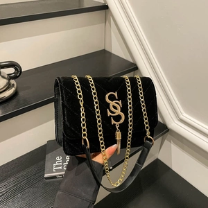 Sac Bandoulière en Velours pour Femmes Rétro Matelassé en V avec Frange en Métal Doré et Bandoulière Chaîne Petit Sac
