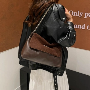 Brown frosted chain tote bag for women with mixed textures and gold hardware