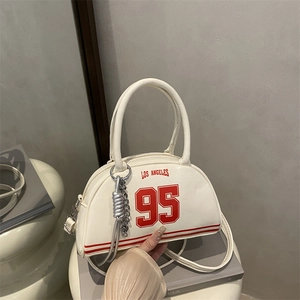 Women American Sporty PU Leather Bowling Shoulder Bag Retro Los Angeles 95 Printed Crossbody Handbag With Chain Charm