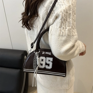 Women's dark brown bowling bag with Los Angeles print and silver chain detail