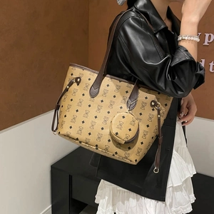 Large khaki tote bag with bear print pattern and matching mini coin purse set