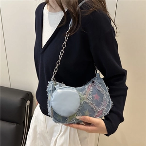 French denim checkerboard shoulder bag with star print and metal chain strap