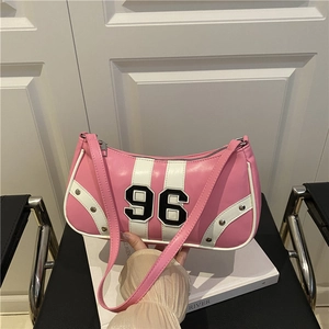 Women Retro Sporty Underarm Bag PU Leather Numeric 96 Print Rivet Shoulder Bag Fashion Bowling Handbag For Daily Commuting