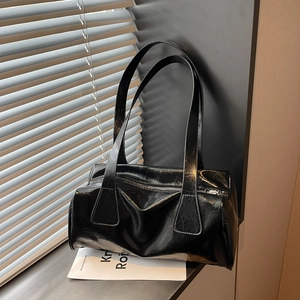 Women Retro Glossy PU Leather Shoulder Bag Crinkled Texture Tote Bag Elegant Daily Commuter Underarm Handbag For Ladies