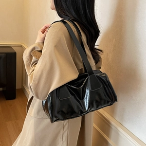 Elegant black glossy faux leather tote shoulder bag for women with a minimalist finish