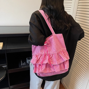 Pink gingham tote bag with ruffle detail and rose red drawstring for women daily commute