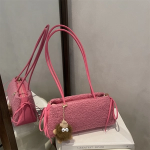 Autumn Winter Sherpa Faux Fur Plush Mini Phone Bag For Women Urban Minimalist Shoulder Bag Fashion Crossbody Bag With Monster Charm