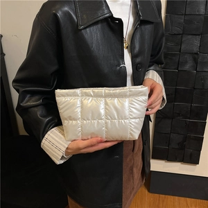 Quilted padded down clutch bag for women in pearl white featuring puff embroidery design