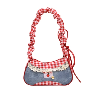Chic red gingham and denim underarm bag with lace trim and apple patch for women