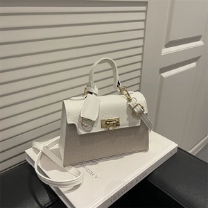 Damen Mode Kontrastfarbe Kleine Quadratische Umhängetasche PU Leder Leinwand Nähte Handtasche Metallschloss Schultertasche