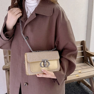 Champaign gold glitter flap bag with silver chain strap and metal lock for women