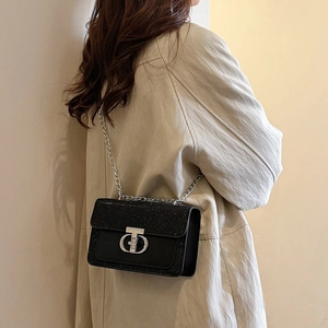 Glossy black sequin small square crossbody bag with silver lock and chain strap