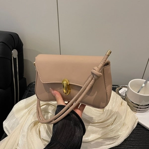 Women Minimalist PU Leather Shoulder Bag Knotted Strap Elegant Underarm Bag Retro Square Crossbody Bag Gold Lock Handbag