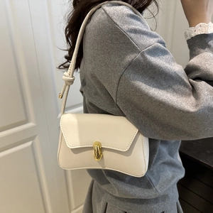 Chic white PU leather shoulder bag with gold metal buckle and knotted strap detail