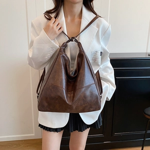 Versatile vintage brown PU leather large capacity backpack and tote bag for women