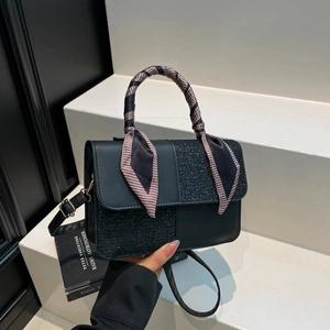 Fashion Patchwork Women Crossbody Bag With Scarf Handle PU Leather Small Square Flap Shoulder Bag For Daily Casual Use
