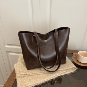 Large Capacity PU Leather Tote Bag for Women 2025 Vintage Stitched Pattern Shoulder Bag Letter Print Top Handle Commuter Handbag