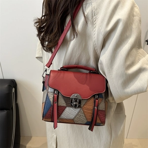 Retro multi-texture patchwork crossbody bag with red flap and metallic buckle