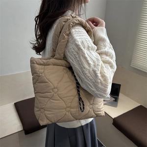 Quilted heart pattern tote bag in khaki nylon with drawstring for casual daily use