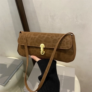 Faux Suede Leopard Print Underarm Bag For Women Vintage Urban Minimalist Baguette Shoulder Bag With Golden Metal Buckle