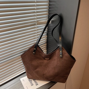 Large Capacity Tote Bag Women Quilted Suede PU Leather Shoulder Bag Retro Commuter Office Handbag With Metal Buckle