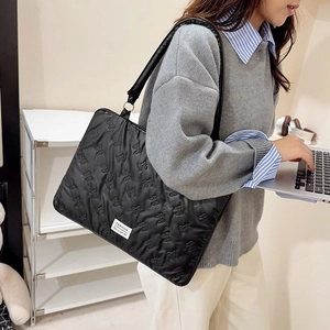 Black quilted tote bag for women, large capacity shoulder bag with cute pattern and handle view