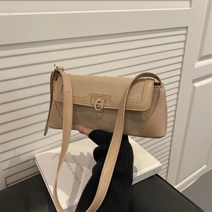 French Vintage Suede Patchwork Shoulder Bag For Women Gold Ring Buckle Underarm Bag Retro Minimalist Crossbody Bag Daily Baguette Bag