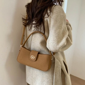 Vintage caramel brown PU leather underarm bag with gold metal buckle and shoulder strap