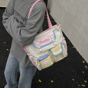 Multicolor canvas tote bag with multi-pockets and adjustable strap for students