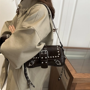 Retro dark brown leopard punk shoulder bag with silver rivets and multi-buckle design