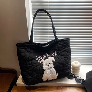 Damen Süße Welpe Herz Gesteppt Tragetasche Große Kapazität Stickerei Umhängetasche Pendler Casual Baumwolle Handtasche