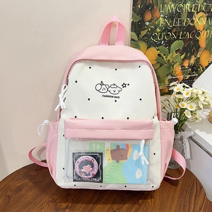 Cute Nylon Polka Dot Backpack For Girls Student Transparent Window Ita Bag Printed Cartoon Dog Preppy Style Large Capacity School Bag