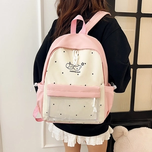 Pink and beige school backpack with polka dots and clear front pocket for girls