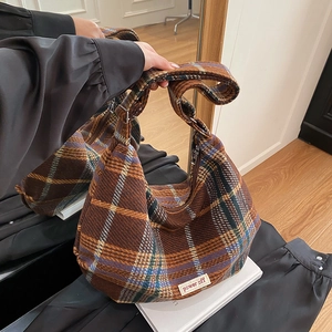 Women Large Capacity Houndstooth Tote Bag Vintage Tweed Plaid Crossbody Bag Korean Style Underarm Shoulder Bag Fashion Travel Handbag