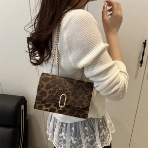Chic leopard print small square shoulder bag with gold chain strap and metal buckle