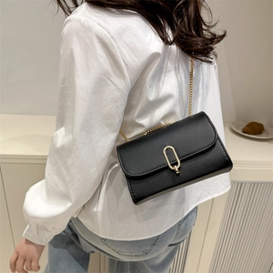 Classic black rectangular flap crossbody bag with gold oval clasp and fine chain strap